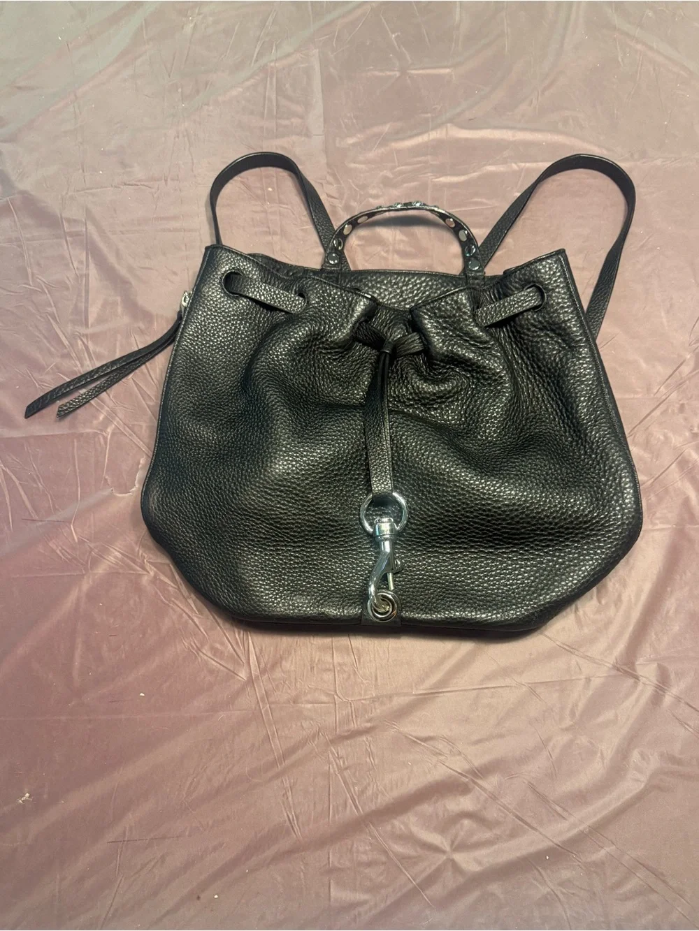 Rebecca Minkoff Blythe Black Leather Drawstring Backpack Silver Hardware $325